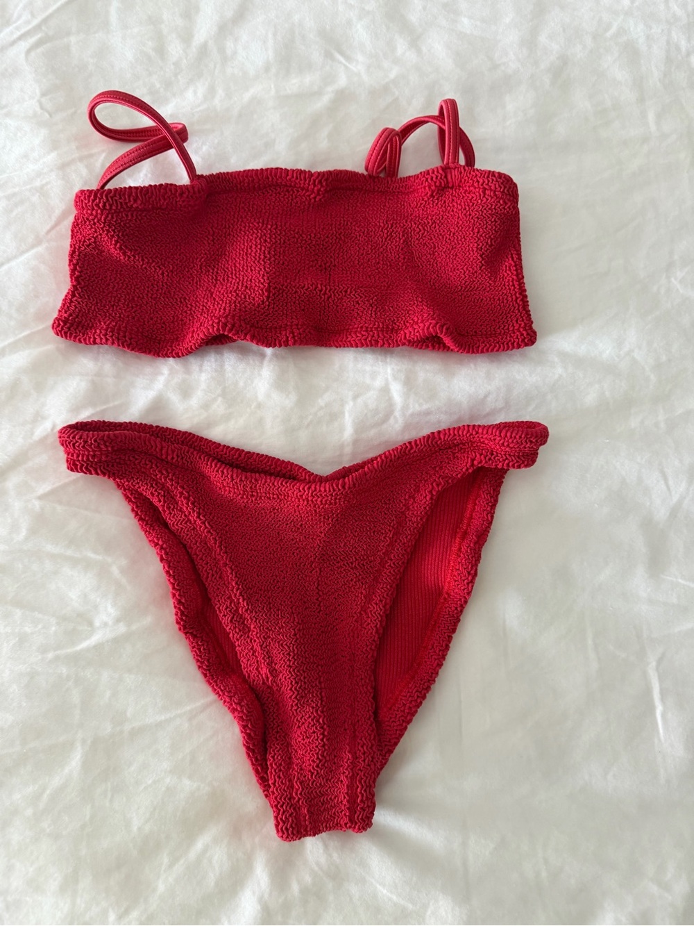 Hunza G Red Textured Bandeau Bikini Set